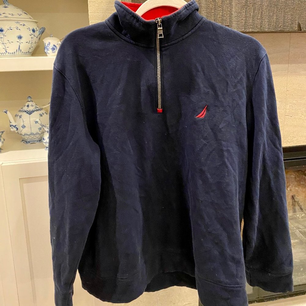 NAUTICA NAVY AND RED QUATER ZIP SWEATSHIRT